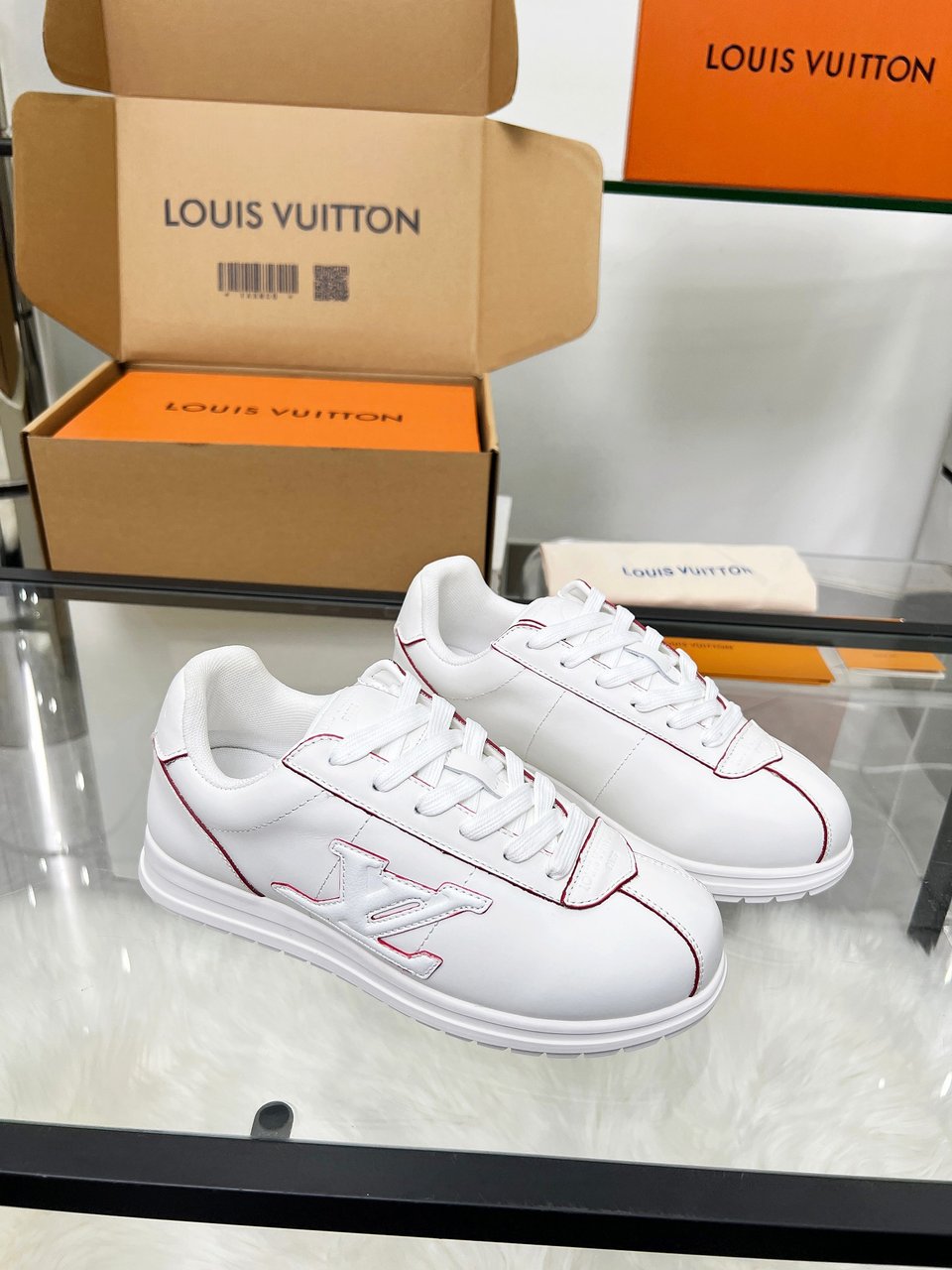 Louis Vuitton LV White Sneakers with Red Stitching – Women’s Shoes view 11