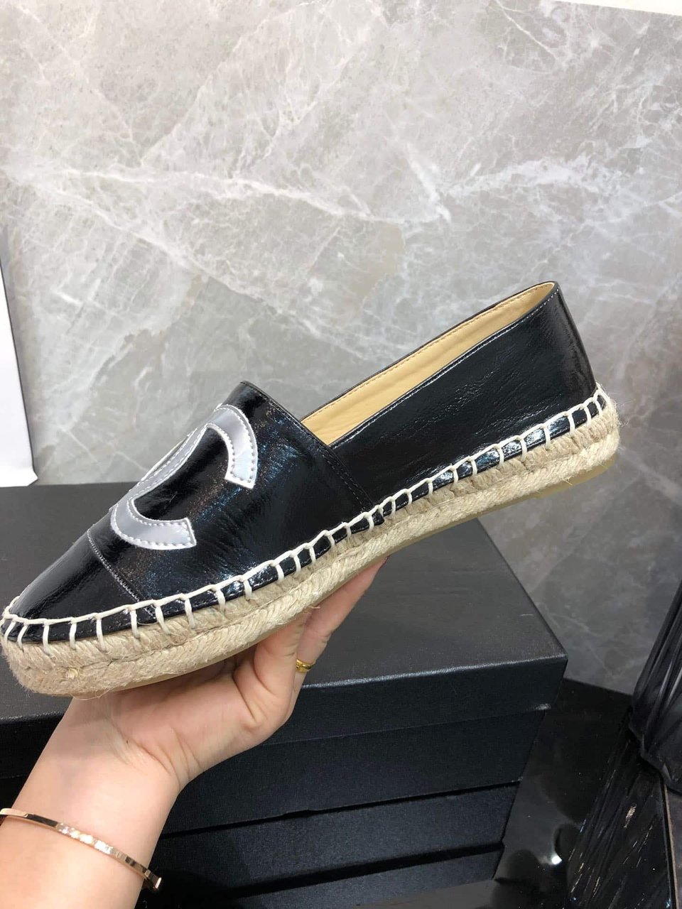 Chanel Embroidered Espadrille Leather Cap Toe Flats Black Cc view 3