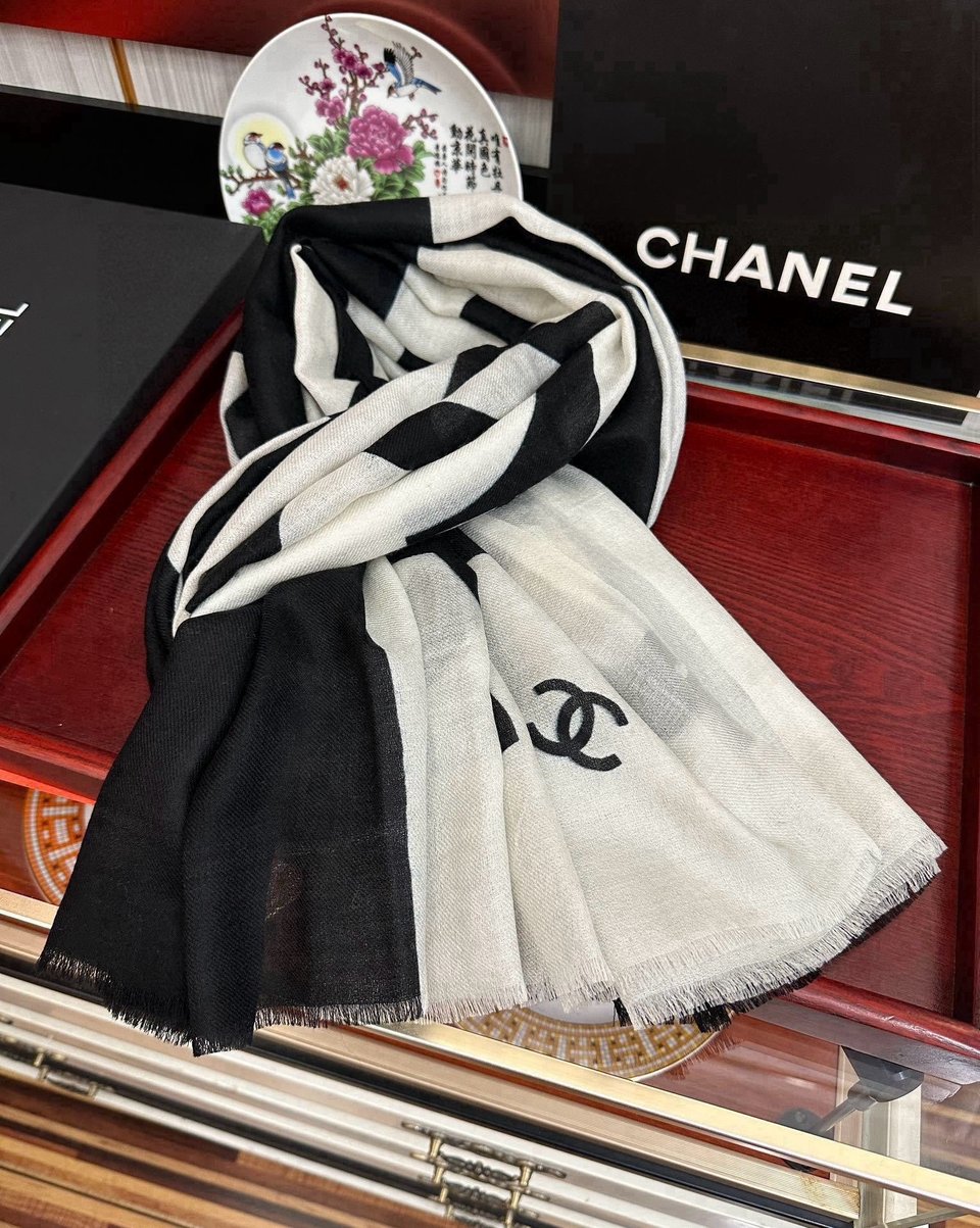 Chanel Silk Shawl CC Logo Colorblock Black – White For Women 200cm view 2