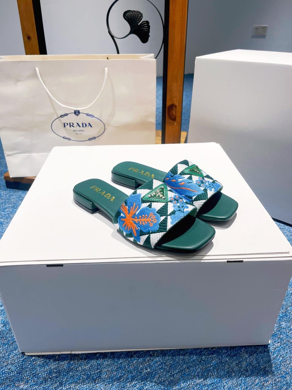 Prada Jacquard Logo Slides Green view 4