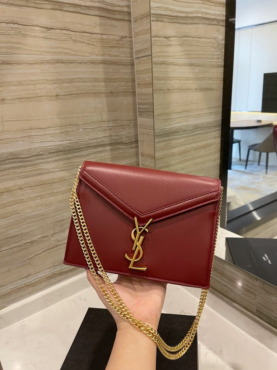 Saint Laurent Cassandra Chain Crossbody Bag Wine Red view 7