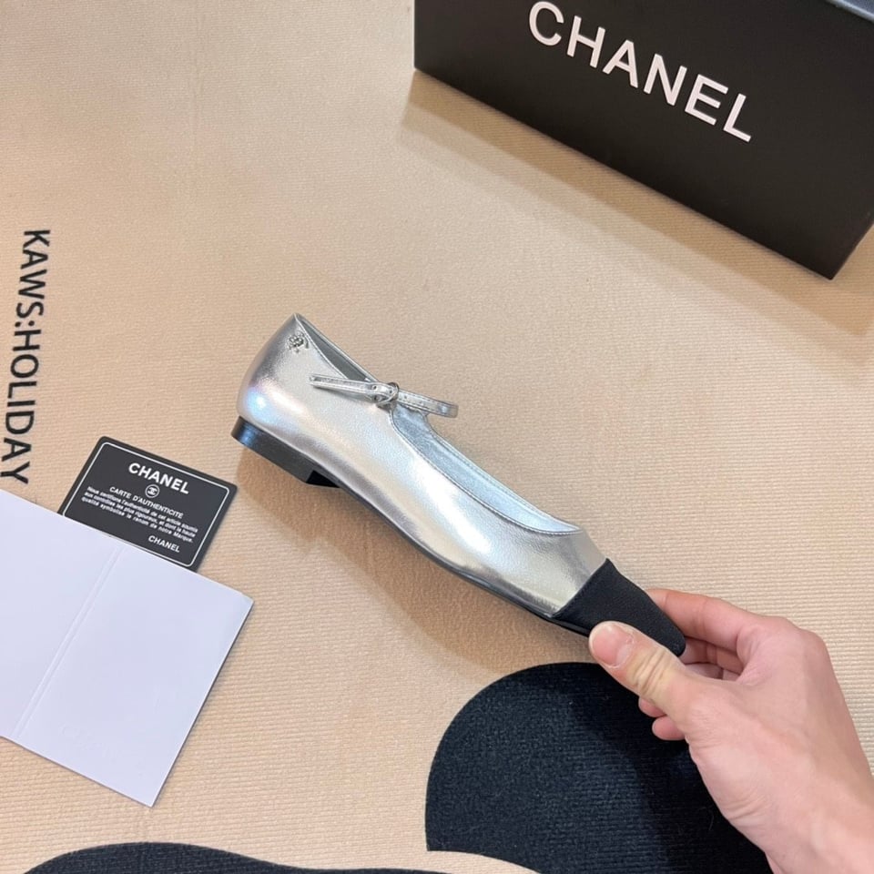 Chanel Square Toe Ballet Flats Black Silver view 7
