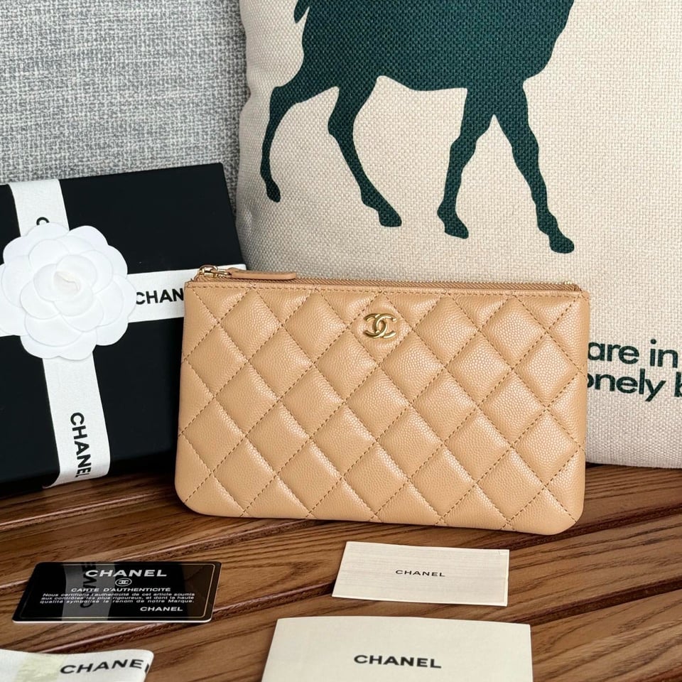 Chanel Zipped Wallet 20Cm Dark Beige Quilted Caviar Gold Hardware