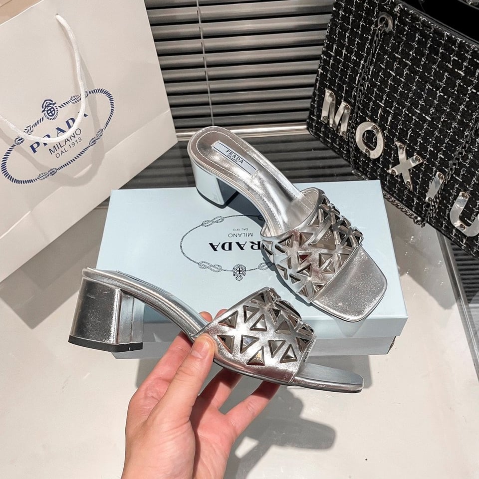 Prada Ciabatte Spazzolato Borchie Sandals Silver view 8