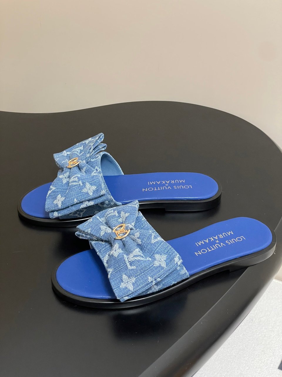Louis Vuitton x Takashi Murakami Lily Flat Mule Bow Slide Sandals Blue Canvas 1AGVYA view 4