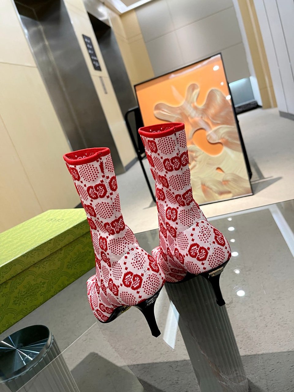 Gucci Gg 75Mm Knit Ankle Boots Red Fluorescent White Fabric 718378 Faaqp 5810 view 9