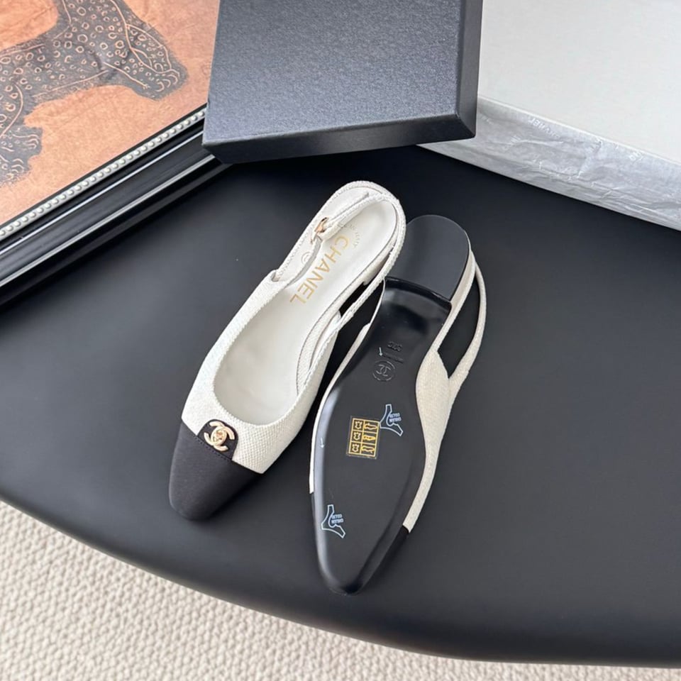 Chanel Iridescent Tweed Cap Toe CC Slingback Flats White Black view 4