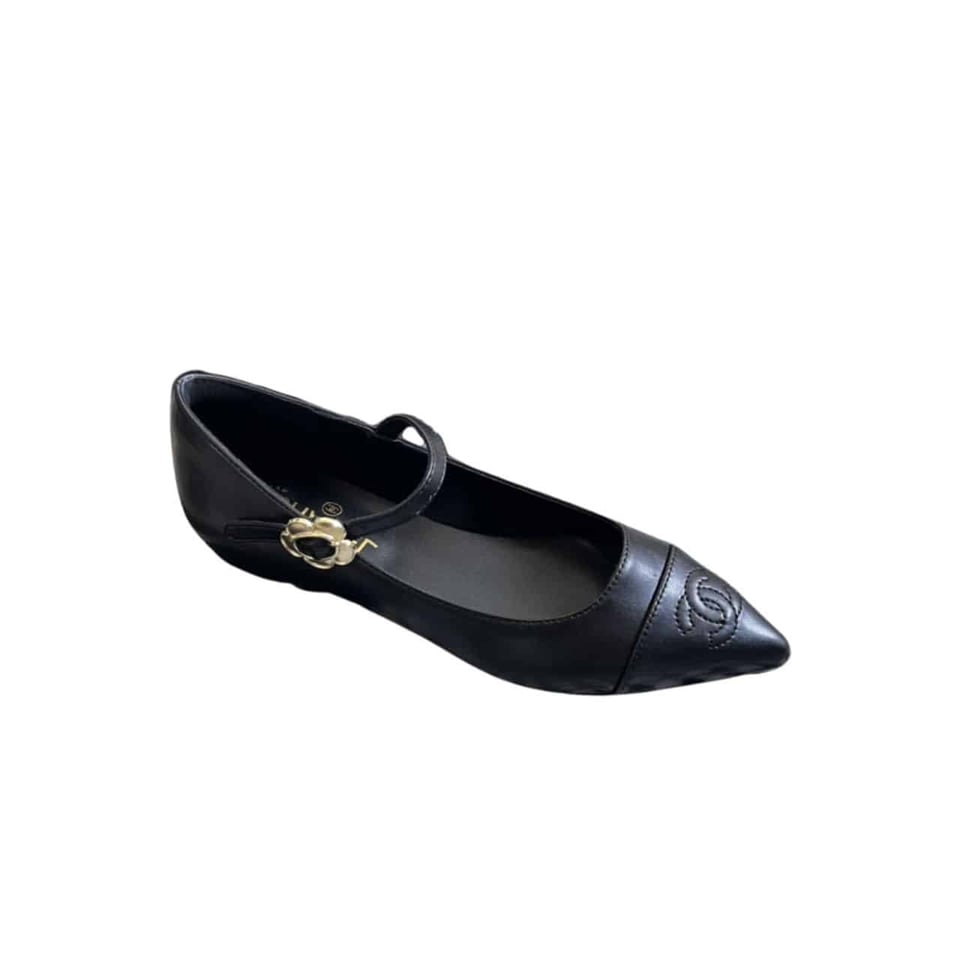 Chanel Pointed Toe Doll Shoes With Gold Flower In Black view 2