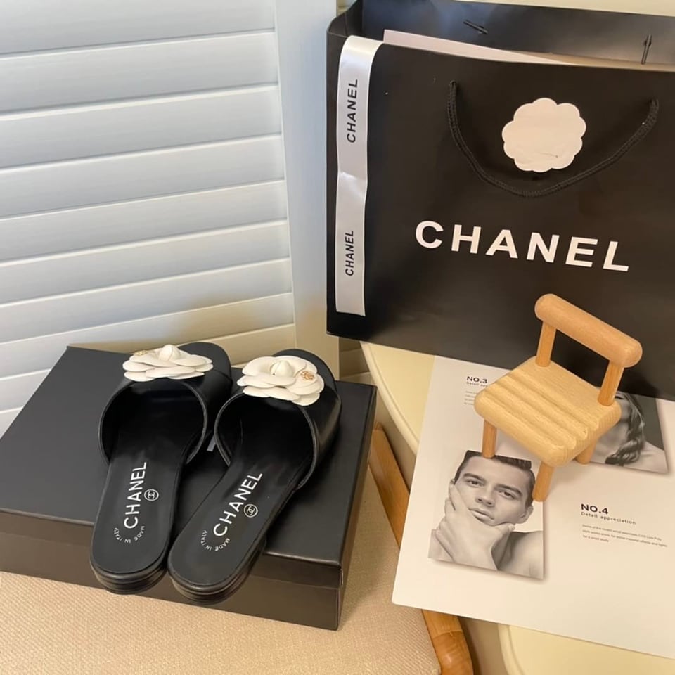 Chanel White Camellia Slides Black view 7