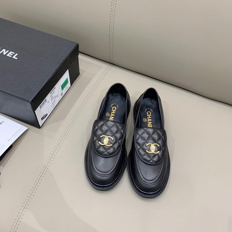 Chanel Quilted Leather Loafers Black with Gold CC Logo view 3