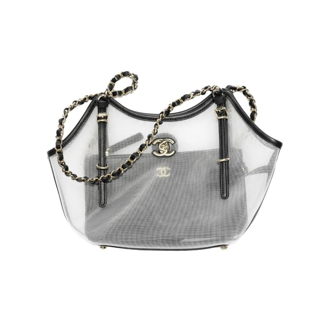 Chanel Small Tote Mesh, Calfskin &amp; Gold-Tone Metal Transparent &amp; Black 28cm/11in AS6015