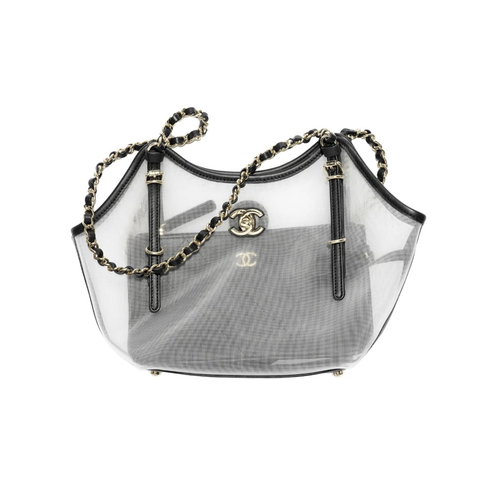 Chanel Small Tote Mesh, Calfskin &amp; Gold-Tone Metal Transparent &amp; Black 28cm/11in AS6015