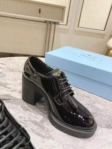 Prada Heeled Brushed Leather Lace-Ups Shiny Black view 5