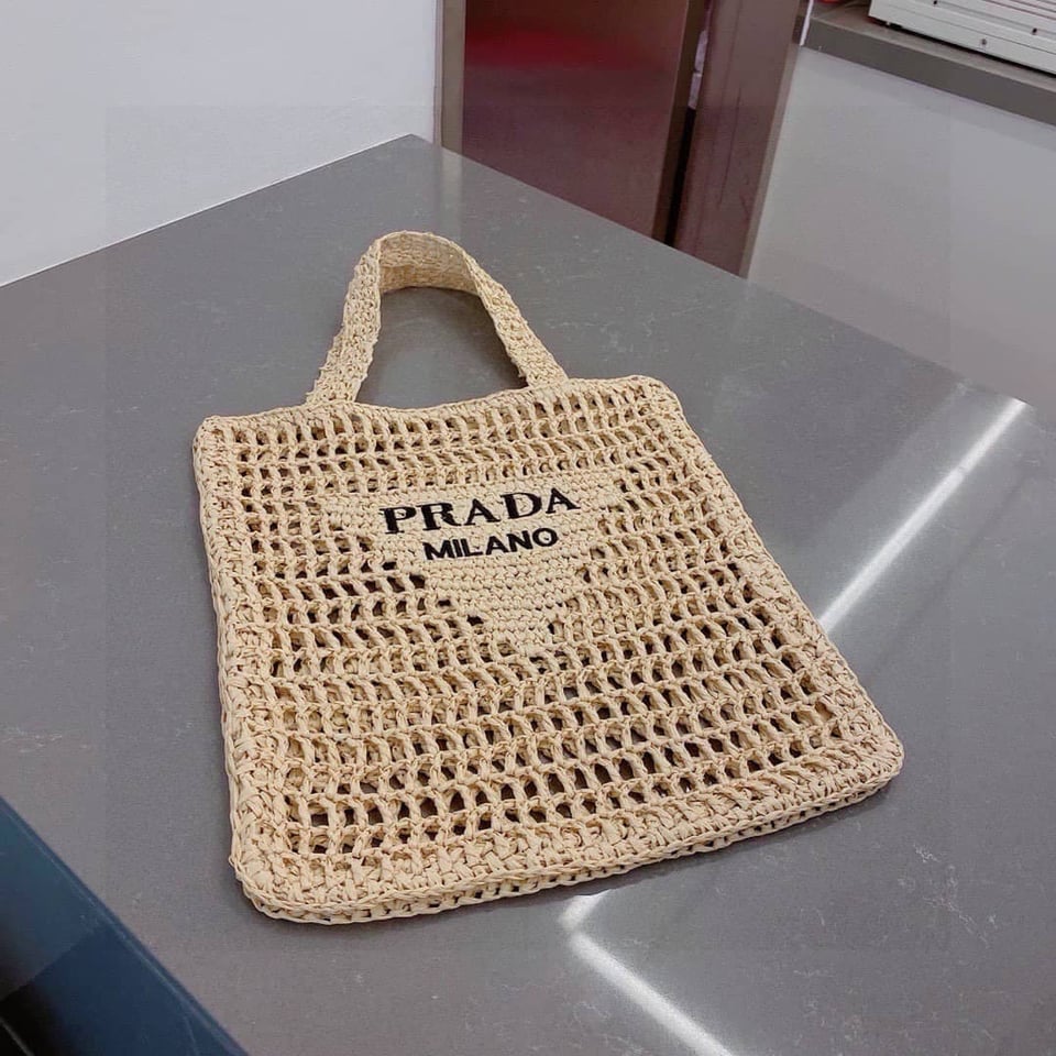Prada Natural Crochet Logo Tote Bag Beach Bag 38 cm view 7