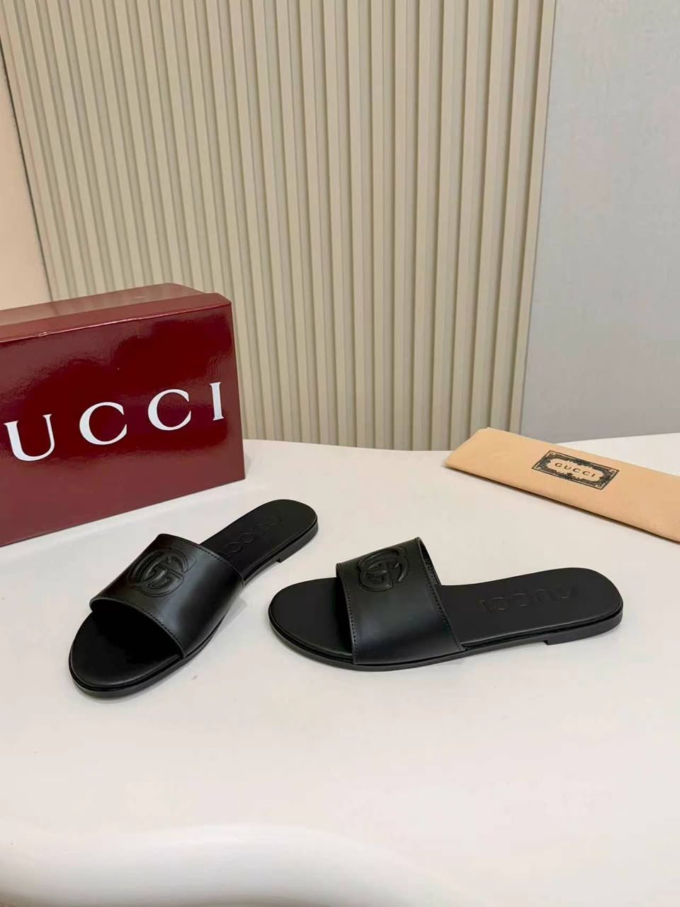 Gucci Slide Sandal With Double G Black Leather ‎874910 AAGT4 1000 For Women view 3