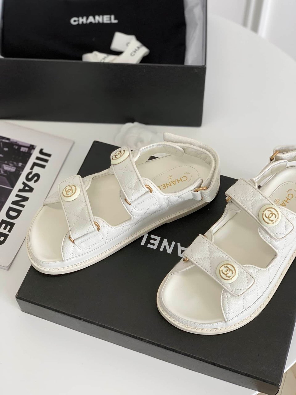 Chanel Cc Button Velcro White Sandals Grained Calfskin Leather view 7