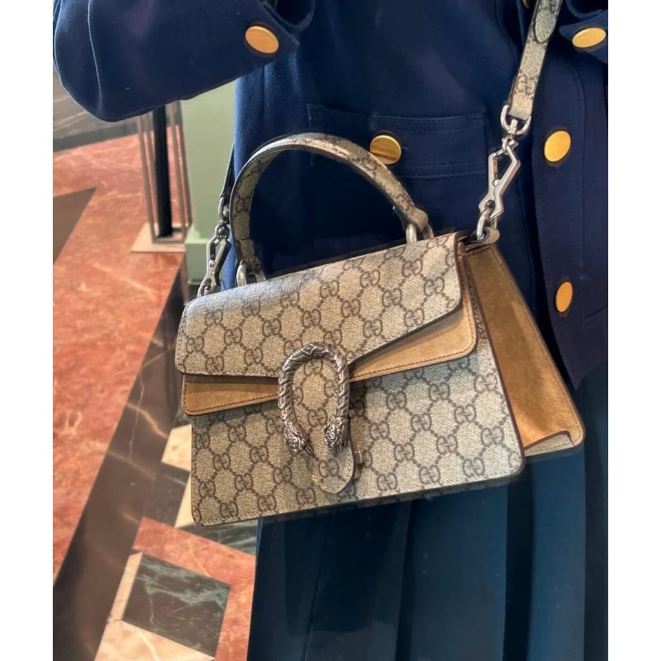 Gucci Small Dionysus Top Handle Bag Taupe Suede Trim view 7