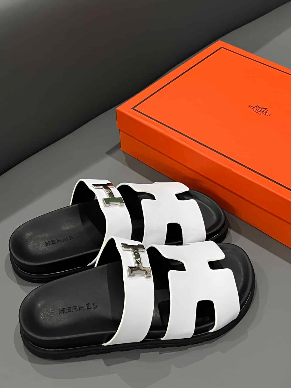 Hermes Chypre Sandal H Logo Silver Hardware White view 3