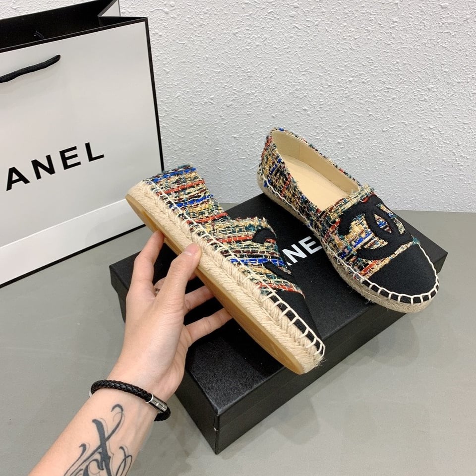 Chanel Tweed Grosgrain Cc Espadrilles Slip On Multicolor Black view 6