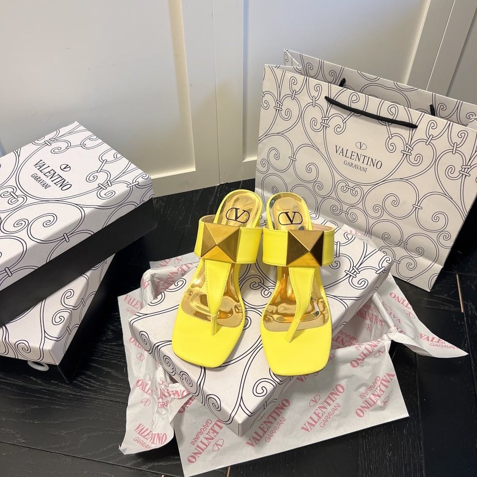 Valentino One Stud Metallic Nappa Flat Middle Heel Yellow Thong Sandal view 3