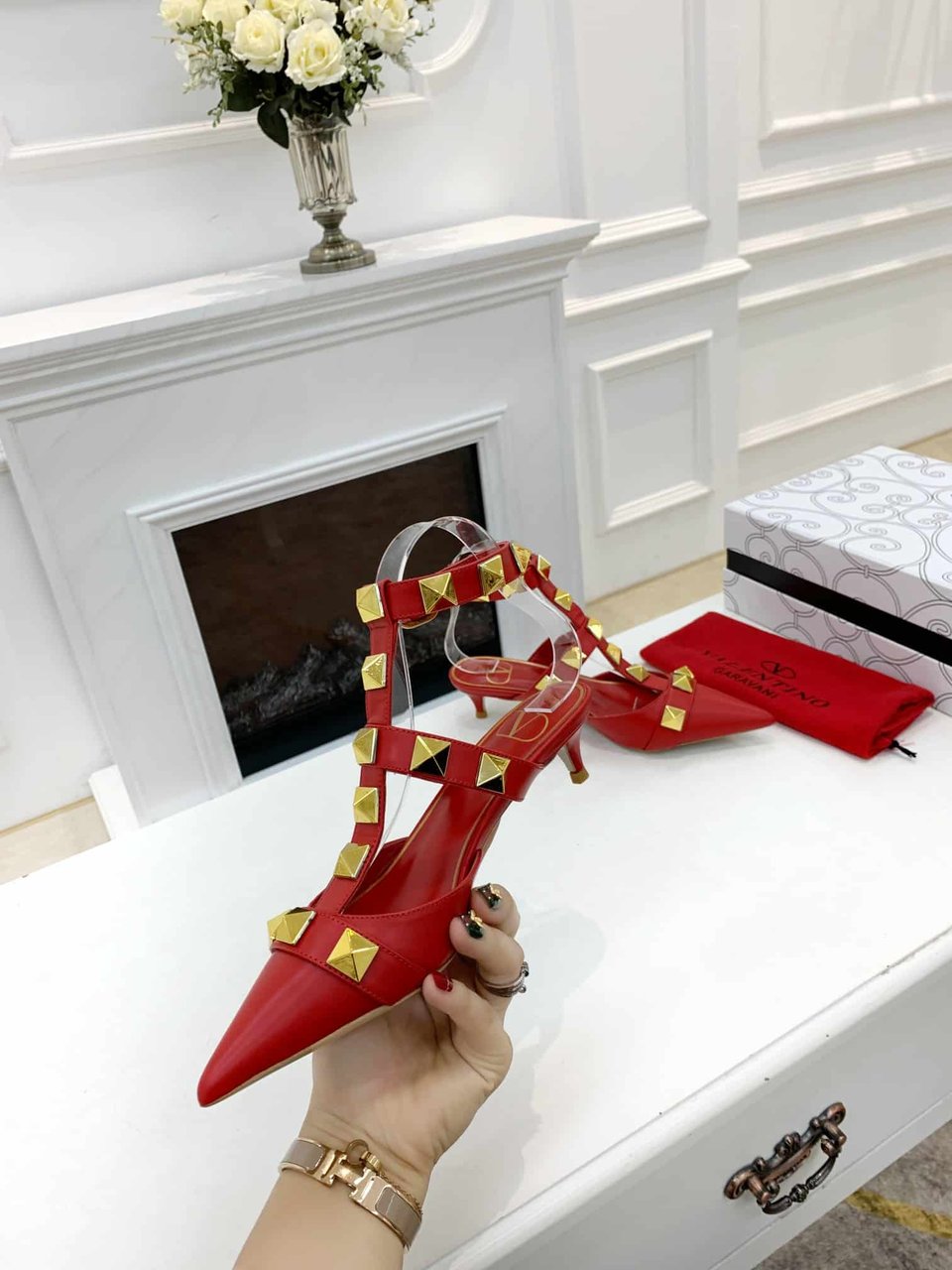 Valentino Garavani Roman Stud Kitten Heel Pumps Red view 7