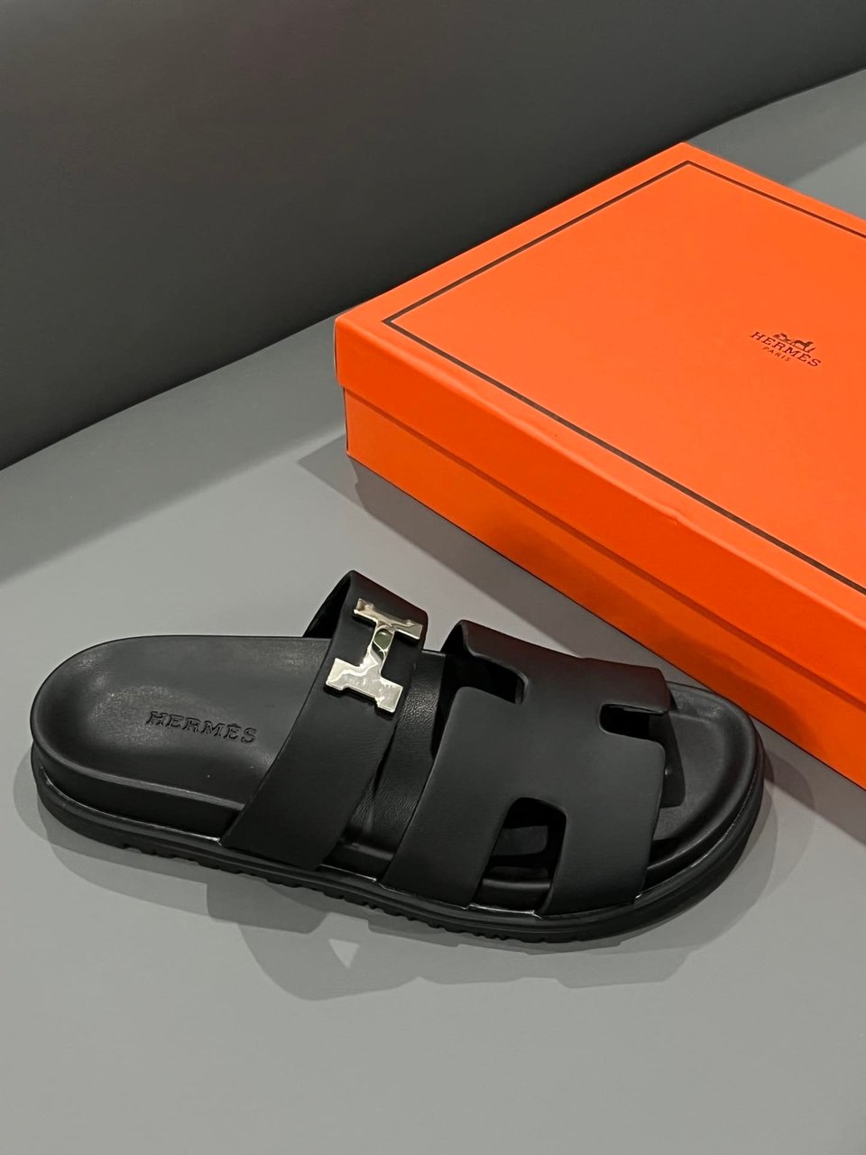 Hermes Chypre Sandal H Logo Silver Hardware Black view 9