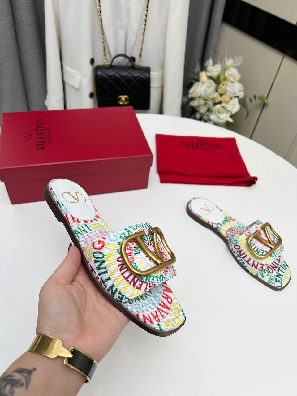 Valentino Garavani Escape Slide Sandal In Canvas With Valentino Loop Print Ws0Bd5Ful Qd7 view 4