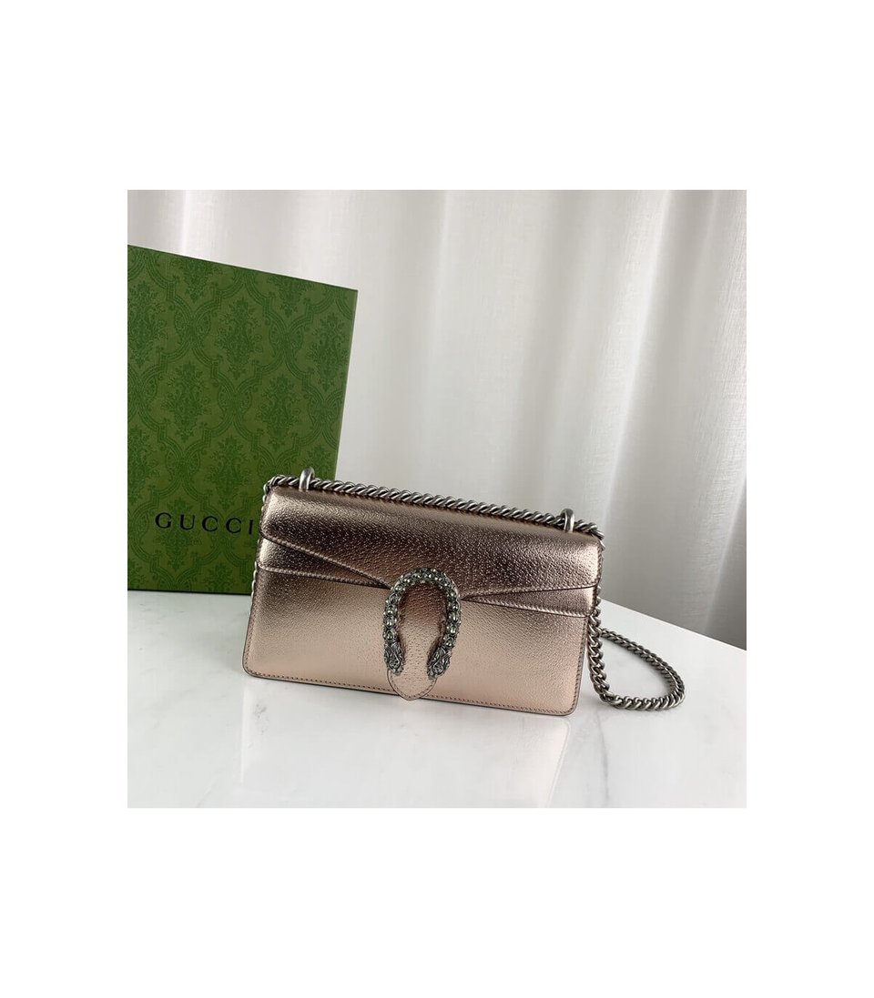 Gucci Dionysus Small Shoulder Bag in Rose Gold Lame Leather view 9