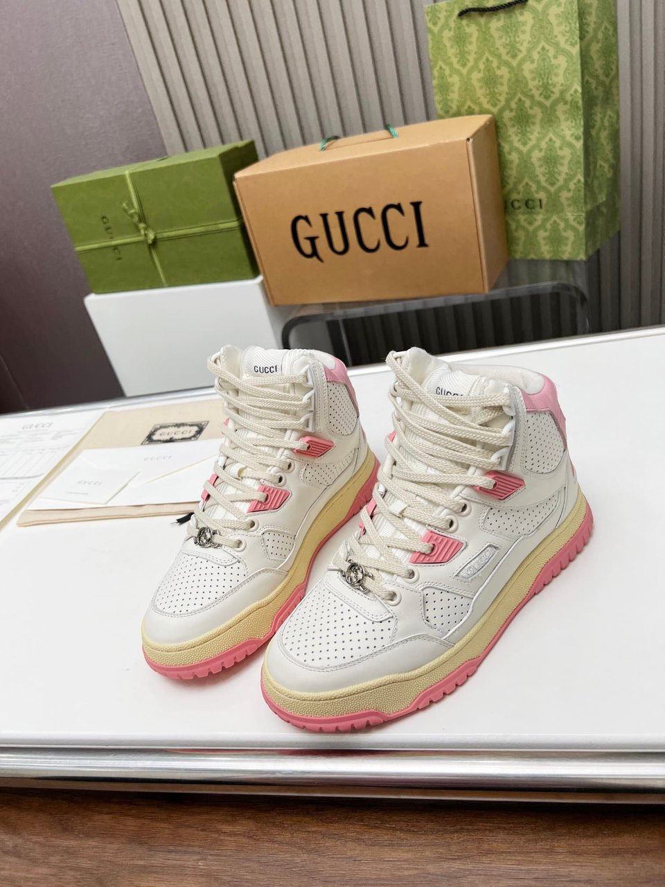 Gucci Women’S High Top Distressed Effect Sneaker Pink view 5