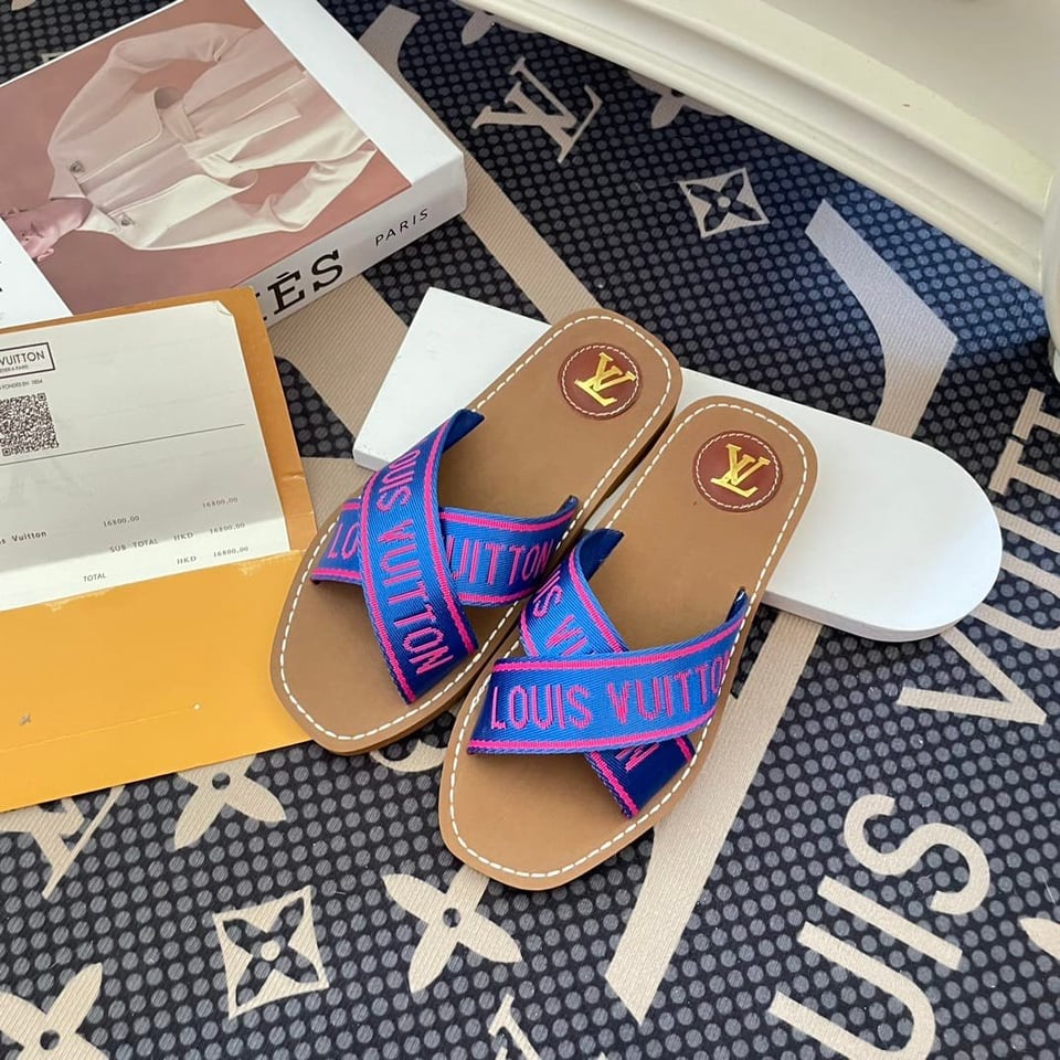 Louis Vuitton Cross Strap Flat Slides Blue view 6