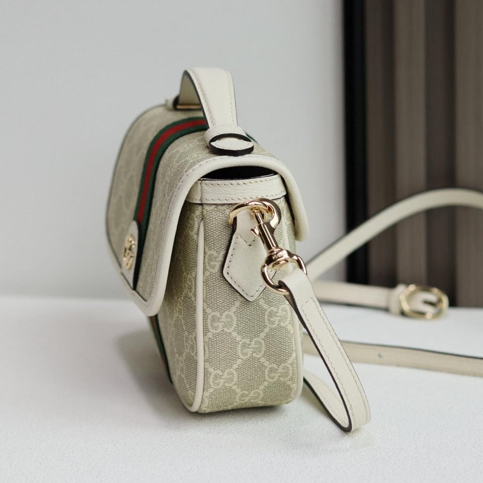 Gucci Ophidia Small Top Handle Bag 20cm/7.9in Beige And White GG Fabric 836843 view 5