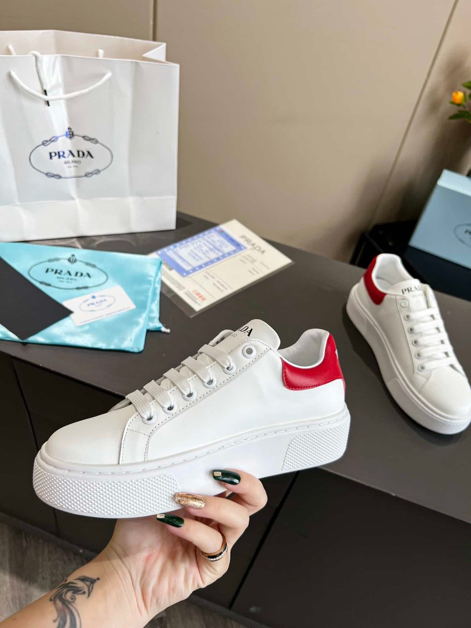 Prada Sneakers In White Leather With Red Logo view 5