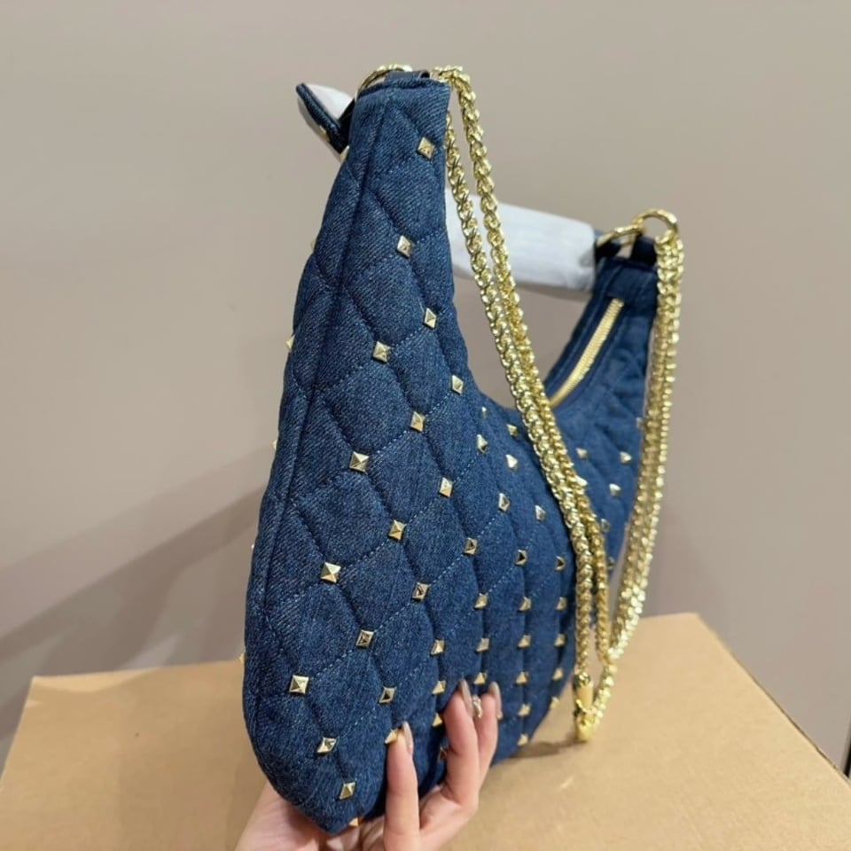 Valentino Garavani Rockstud Spike Denim Hobo Bag In Denim Blue 28Cm 3W2B0M32Bmk view 7