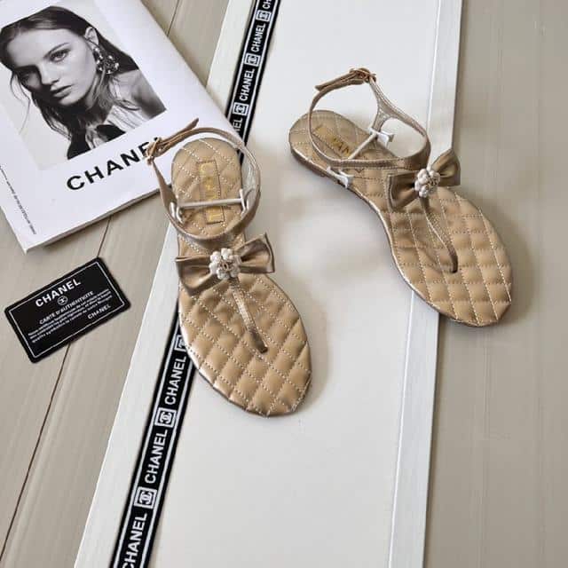 Chanel Gold Quilted Leather With White Camellia Cc Logo Bow Thong Sandals view 9