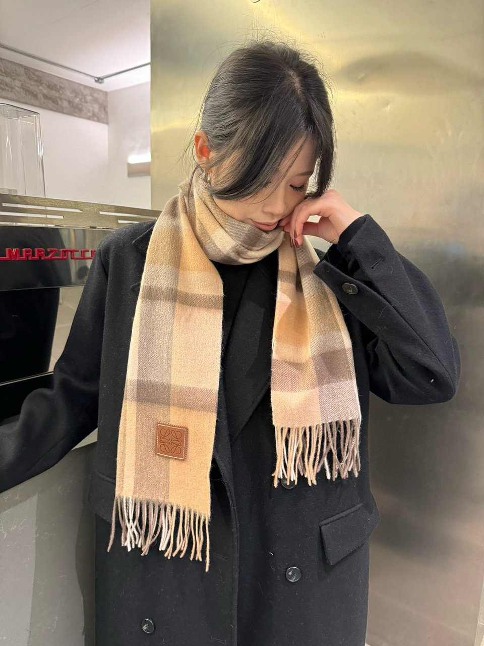 Loewe Cashmere Scarf Check Beige Brown For Women 180cm view 5