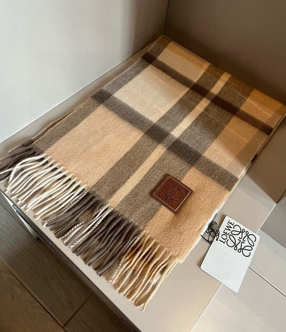 Loewe Cashmere Scarf Check Beige Brown For Women 180cm view 3