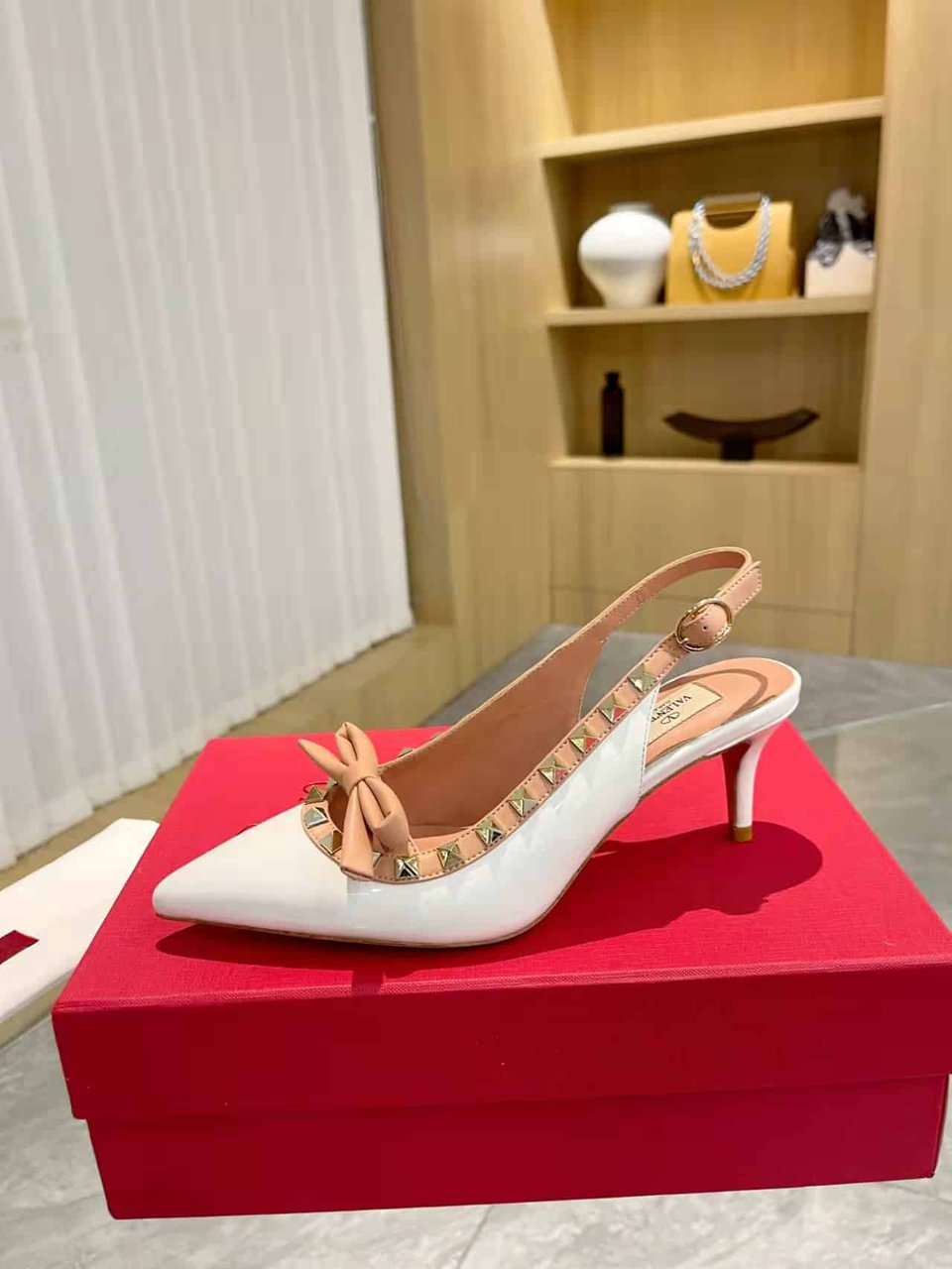 Valentino Rockstud Bow Slingback Pump In Patent Leather With Matching Studs White view 8