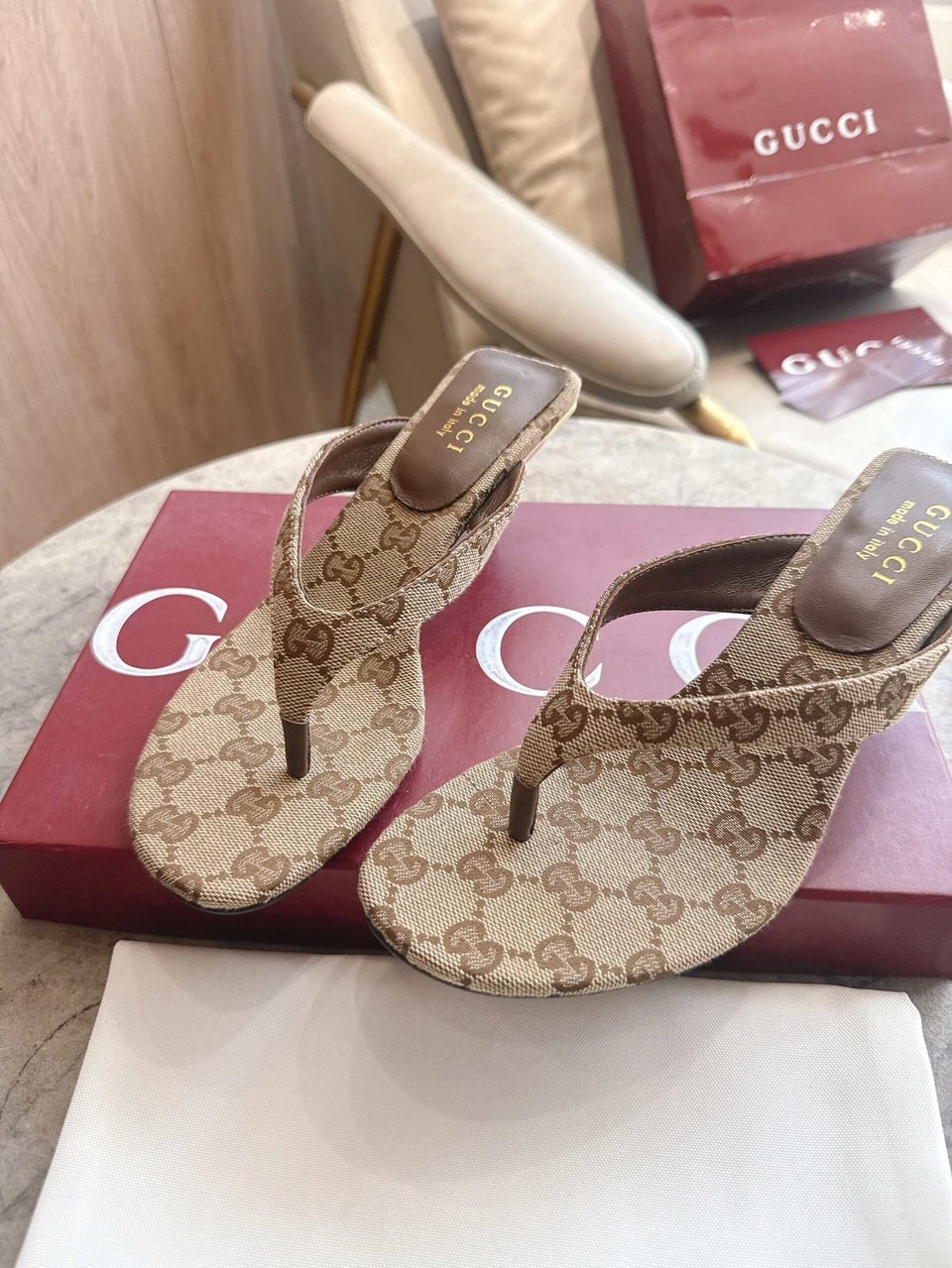 Gucci Women’s Vittoria Thong Sand And Dark Brown GG Canvas ‎870786 view 5
