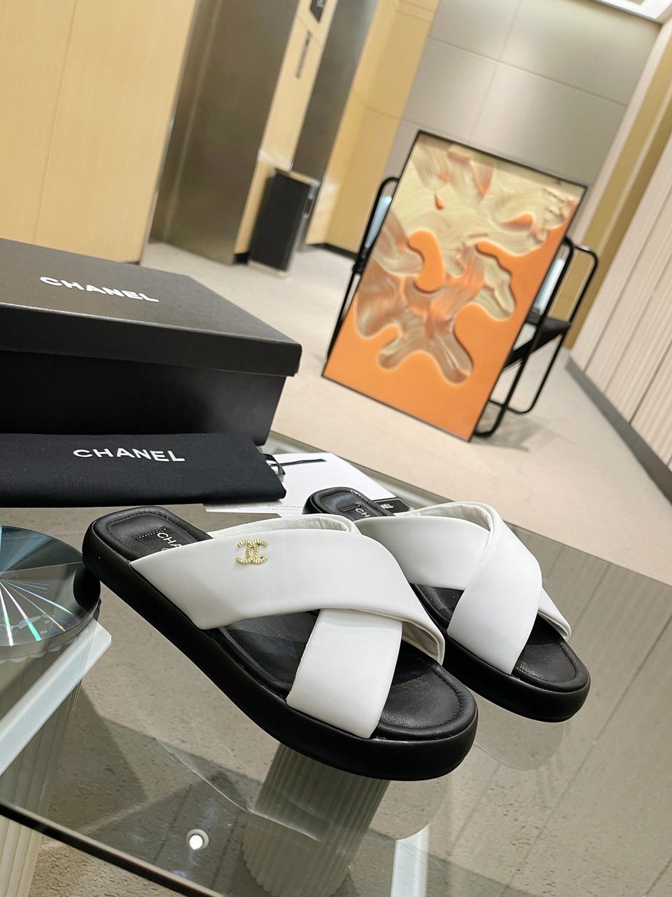 Chanel Cc Logo Criss Cross Slides White view 7