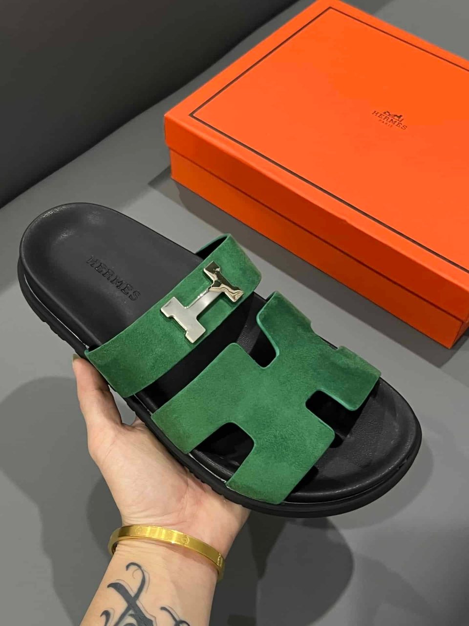 Hermes Chypre Sandal Suede H Logo Silver Hardware Green view 5