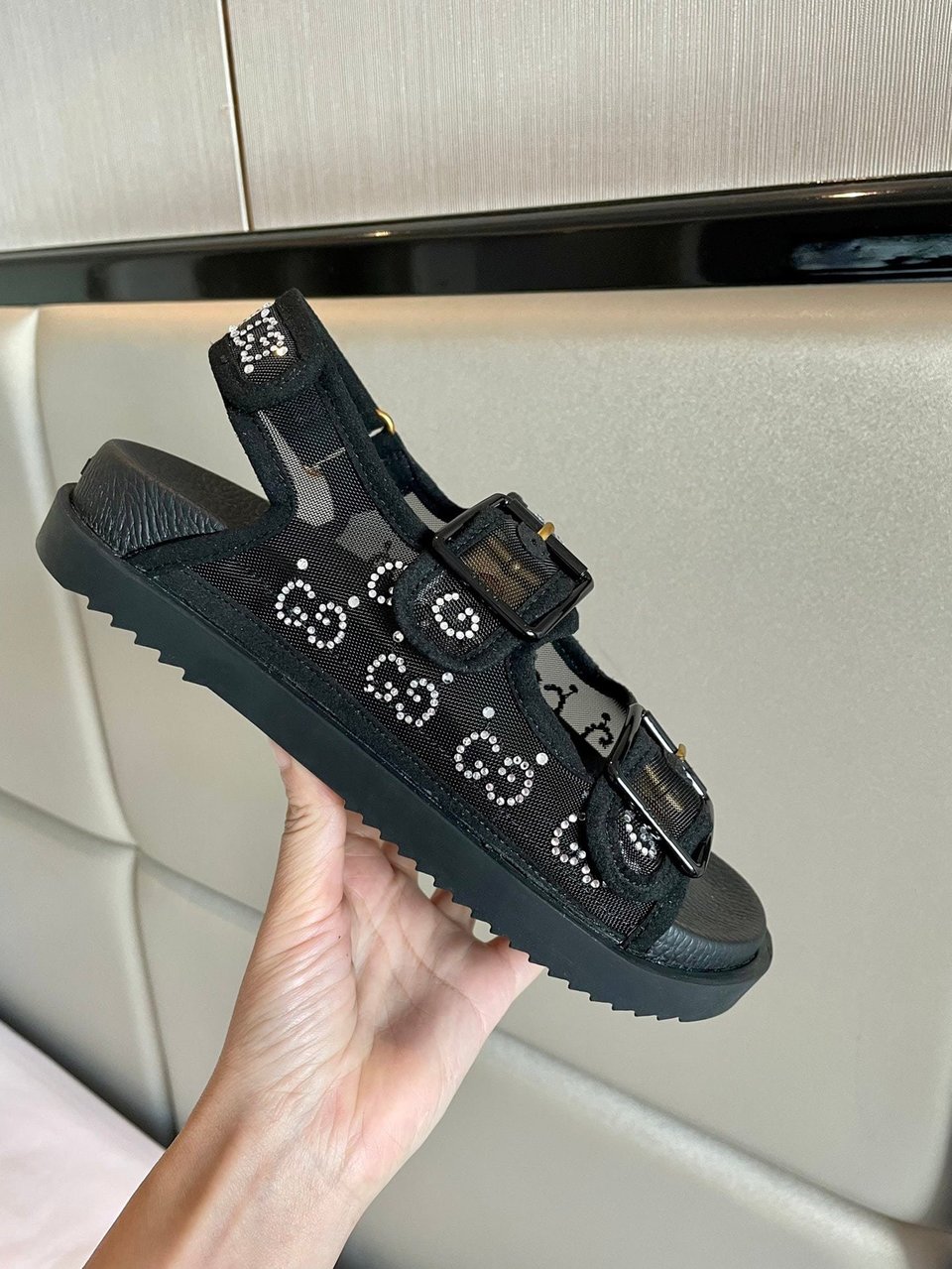 Gucci Gg Sandal With Crystals Black 701158 F13A0 1000 view 5