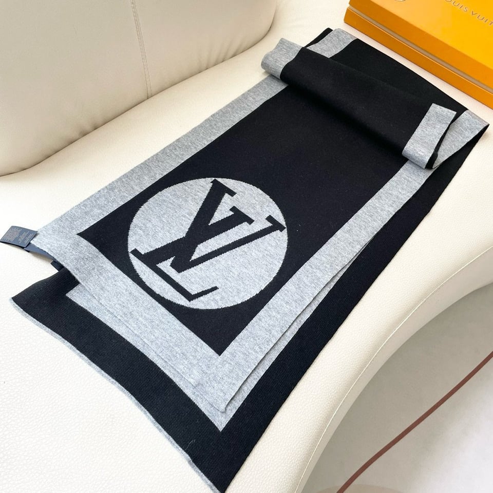 Louis Vuitton Monogram Cashmere Jacquard Scarf Grey-Black For Women 180cm view 5