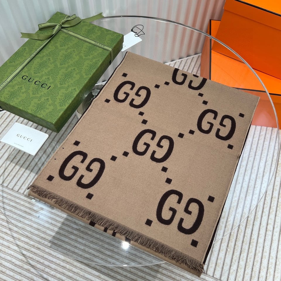 Gucci Cashmere Scarf Pattern Brown Beige For Women 190cm view 3