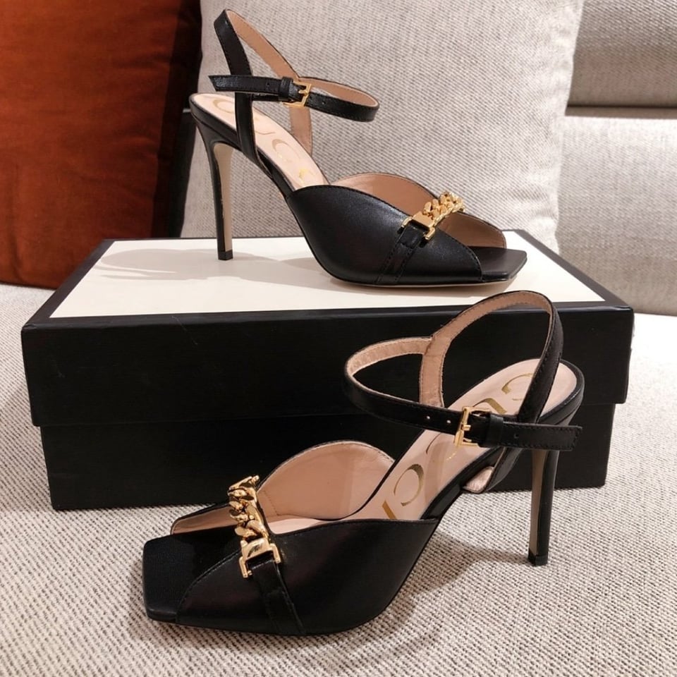 Gucci Ankle Buckle Strap Sylvie Chain Sandals In Black view 3