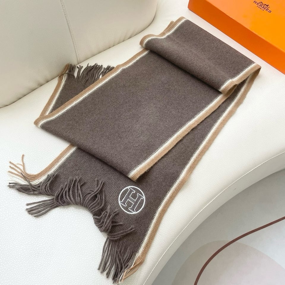 Hermes Cashmere Scarf H-Motif Brown For Women 180cm view 3
