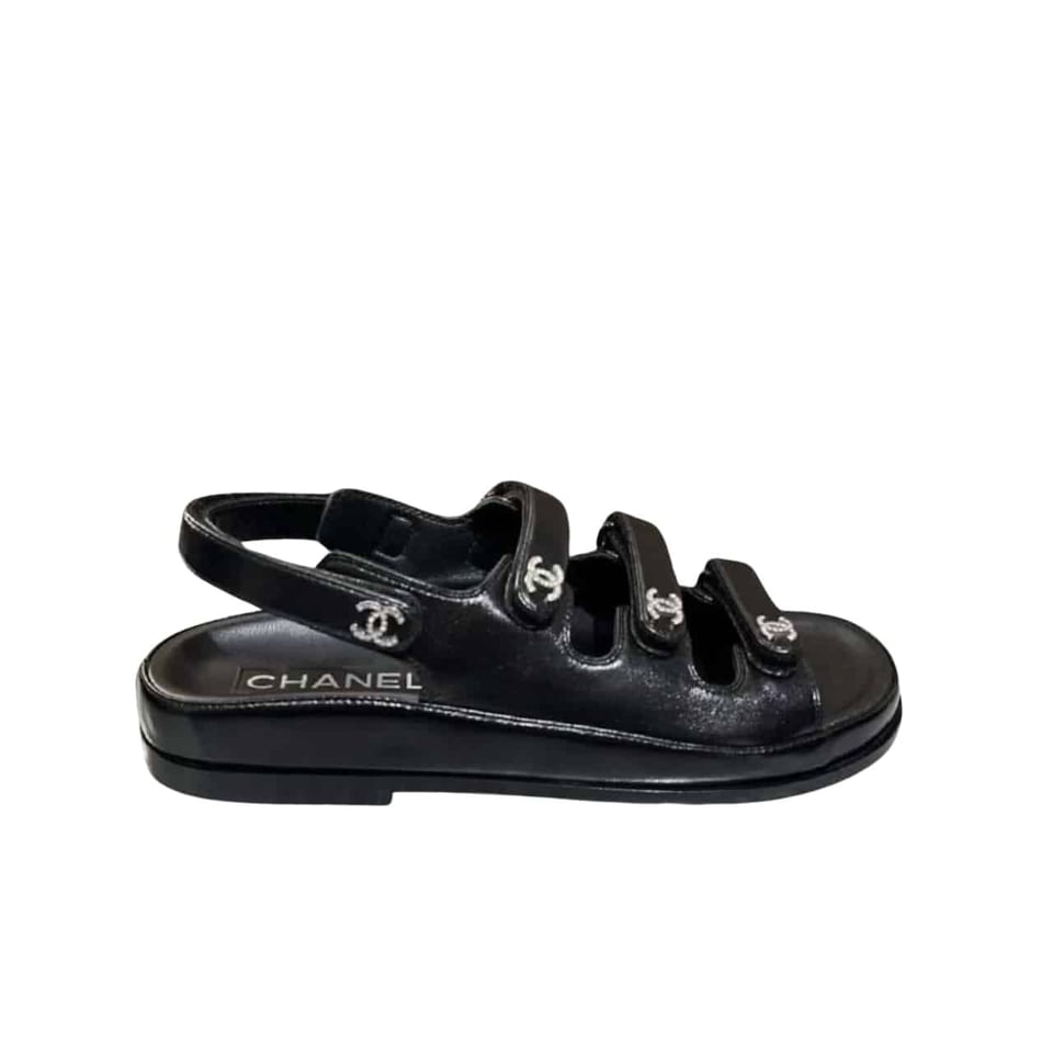 Chanel Triple Velcro Strap Sandals Black G45628 B16403 94305 view 2