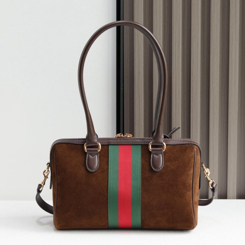 Gucci Borsetto Large Boston Bag Dark Brown Suede 38.5cm/15.2in view 4