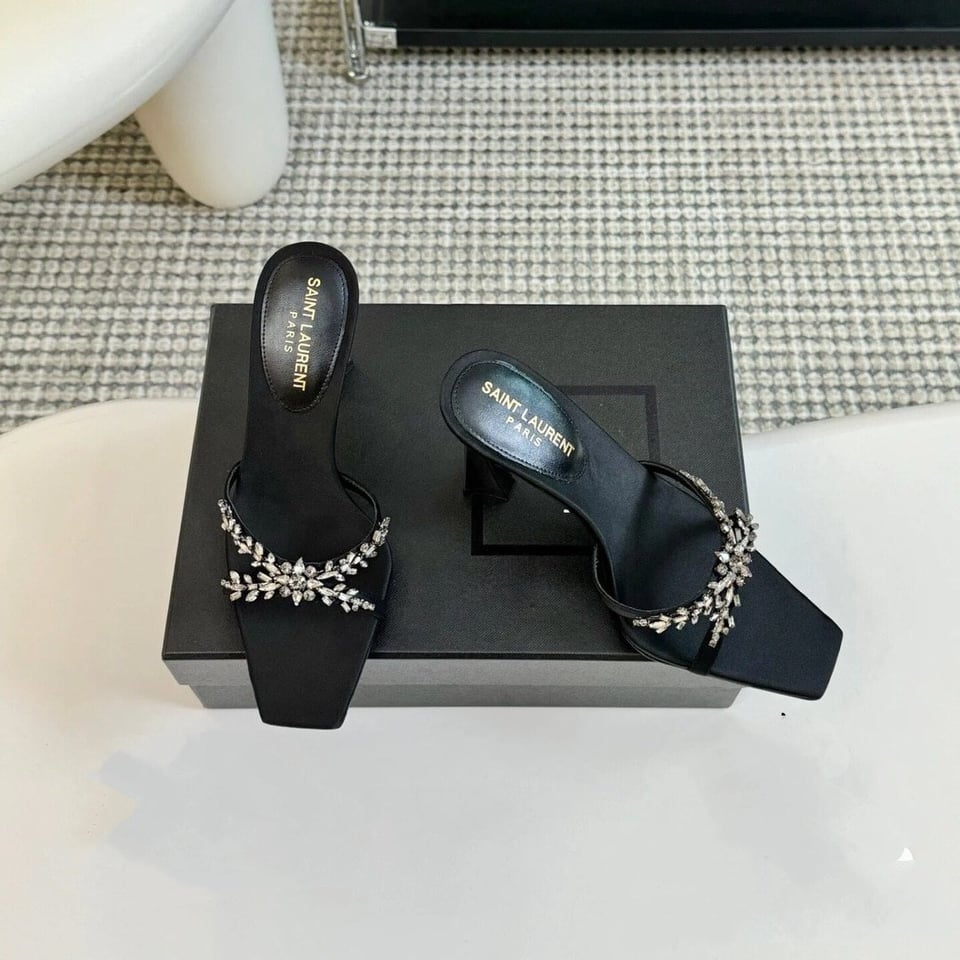 Saint Laurent Liz Mules In Satin And Rhinestones Black view 5