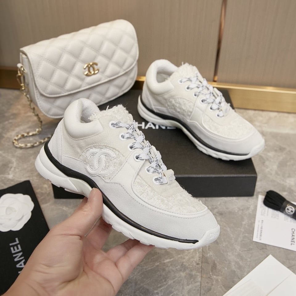 Chanel Velour Tweed Cc Sneakers White view 7