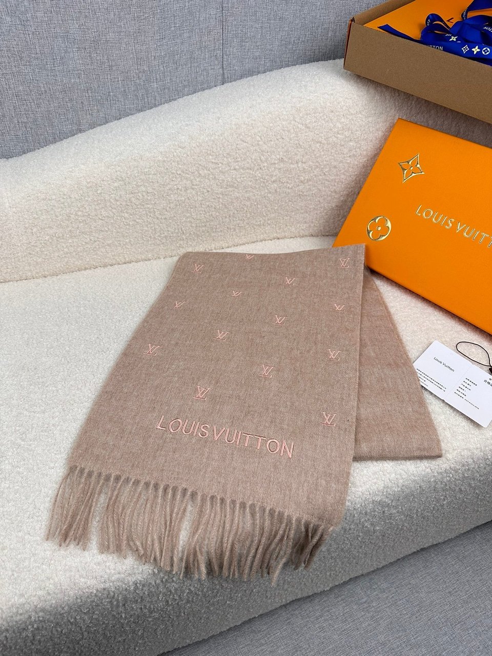 Louis Vuitton Monogram Cashmere Scarf Beige-Pink For Women 180cm view 6
